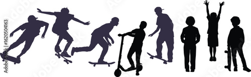 silhouettes of people skateboard