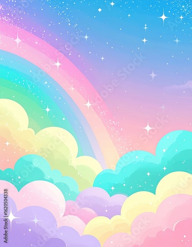 虹色の雲と星空のファンタジーイラスト

