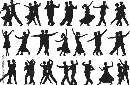 PrintBallroom dance silhouettes, elegant couple dancing poses, romantic dance art, graceful movement vector, waltz tango salsa illustration set