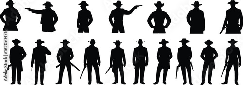 Cowboy silhouette vector illustration, western gunman graphic, wild west shadow art, cowboy with guns, vintage outlaw design, black silhouette