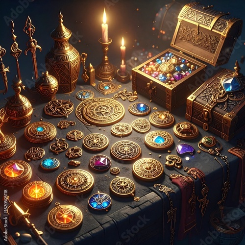 Collection of ornate golden artifacts, jewels, and treasure chests illuminated by candlelight on a dark surface.