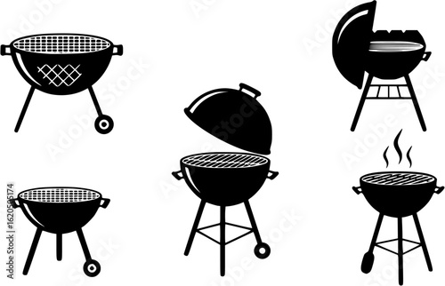 Set of grill vector icons. BBQ with lattice. Barbecue with cover and smoke. Black silhouette BBQ grill. Cook on backyard.
