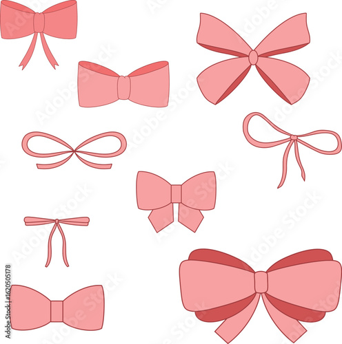 A set of pink ribbon bows in different shapes and styles. Flat vector illustration on white background. Suitable for decoration, gift wrapping, fashion, or festive design projects.