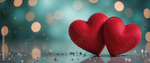 Red Felt Hearts on Bokeh Background – Glittering Romantic Composition with Sparkles for Valentine's Day Cards, Wedding Invitations, and Love Declarations