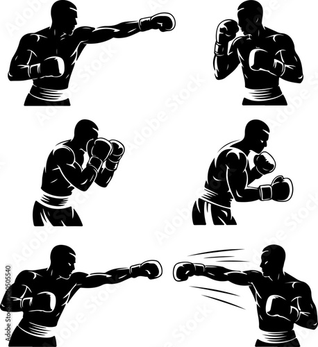 unique black silhouette vector illustrations of a boxer throwing a punch
