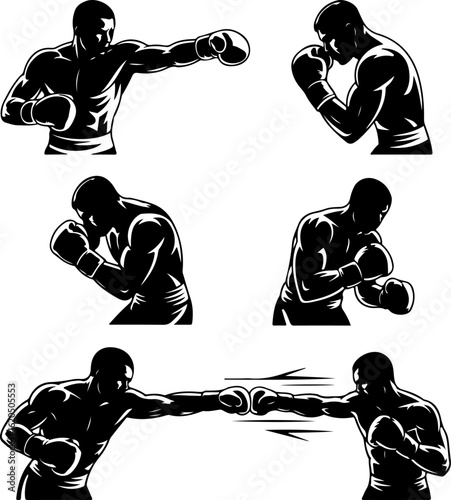 unique black silhouette vector illustrations of a boxer throwing a punch