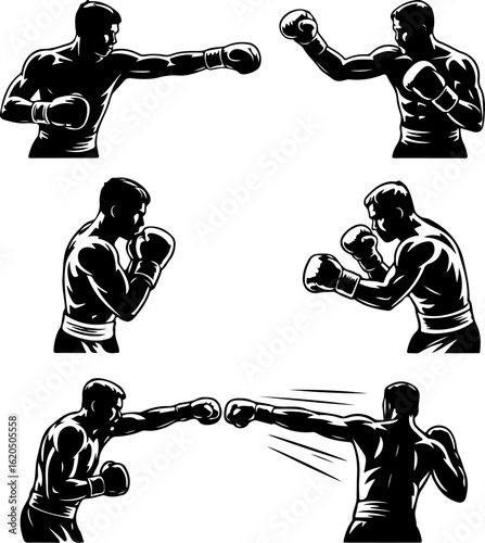 unique black silhouette vector illustrations of a boxer throwing a punch