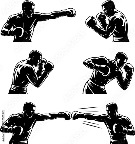 unique black silhouette vector illustrations of a boxer throwing a punch