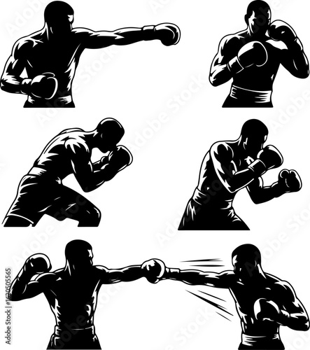 unique black silhouette vector illustrations of a boxer throwing a punch