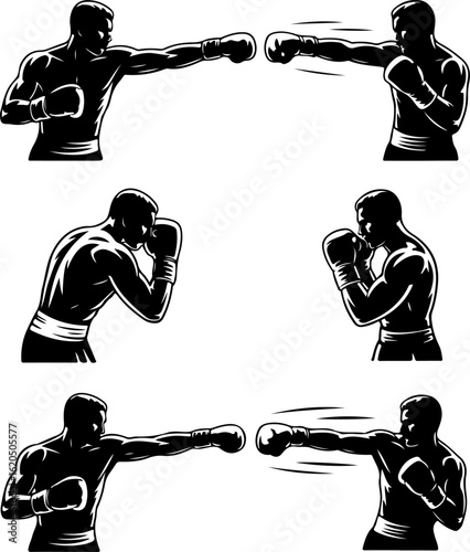 unique black silhouette vector illustrations of a boxer throwing a punch