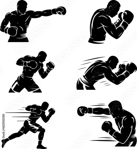 unique black silhouette vector illustrations of a boxer throwing a punch