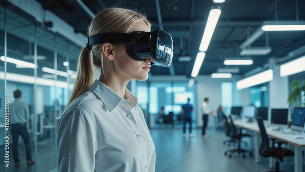 Fototapeta premium Female Professional Using VR Headset – Business Woman Experiencing Virtual Reality in Modern Tech Office for Digital Innovation, Corporate Training, and Technology Demonstrations