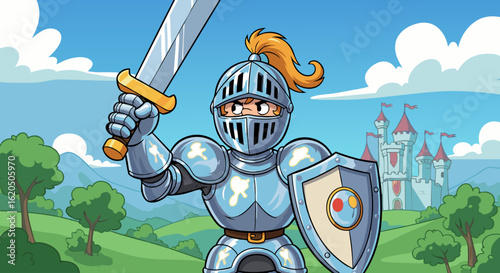 Cartoon Knight in Shining Blue Armor Holding Sword and Shield.