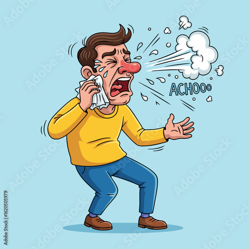 Cartoon Man Sneezing Violently with Tissue and Watery Eyes.