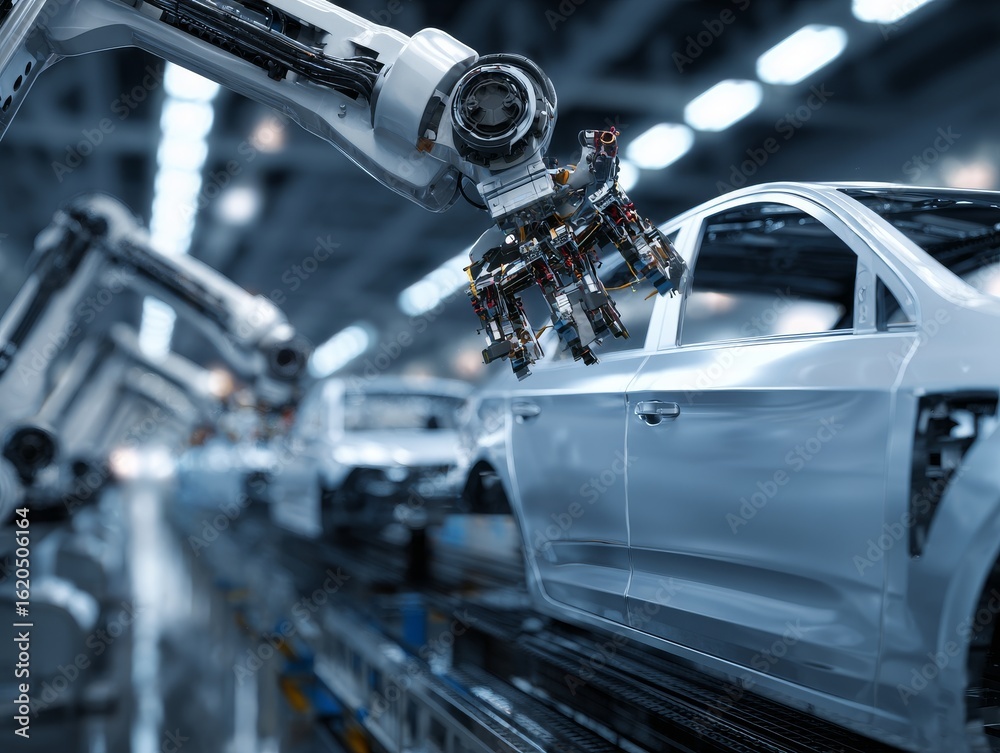 Fototapeta premium Advanced automotive assembly line featuring robotic arms constructing vehicle in modern smart factory
