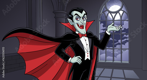 Cartoon Vampire with Red Bow Tie and Flowing Cape.