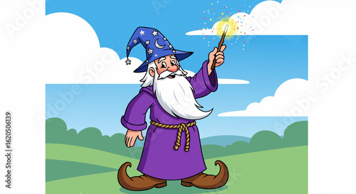 Cartoon wizard with a long white beard and purple robe casting a magical spell.