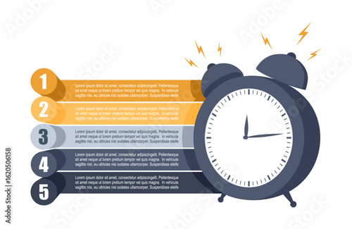 Analog clock with five features or option of project to select. Minimal infographic illustration for business information visualization.