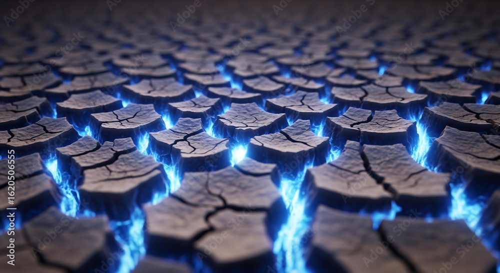 Fototapeta premium A photorealistic image of a dark, cracked earth background, with the cracks filled with a beautiful, glowing, molten gold, like Kintsugi.