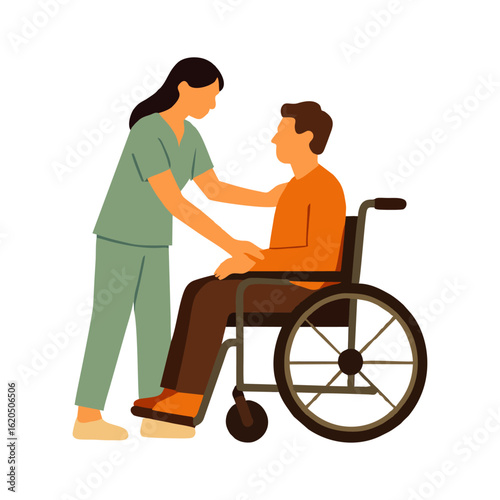 Compassionate Caregiver Assisting Man in Wheelchair Flat Illustration Medical Support Healthcare