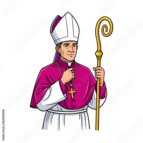 Catholic bishop, wearing a magenta cassock, white surplice, white mitre with purple lining, holding a curved gold crozier. Vector flat design cartoon. AI generated images.