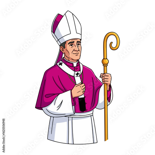 Catholic bishop, wearing a magenta cassock, white surplice, white mitre with purple lining, holding a curved gold crozier. Vector flat design cartoon. AI generated images.