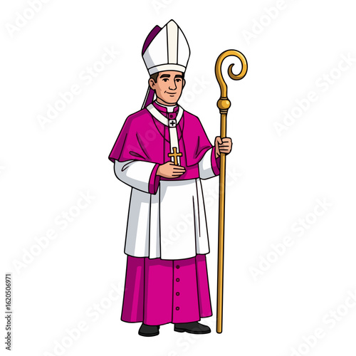 Catholic bishop, wearing a magenta cassock, white surplice, white mitre with purple lining, holding a curved gold crozier. Vector flat design cartoon. AI generated images.