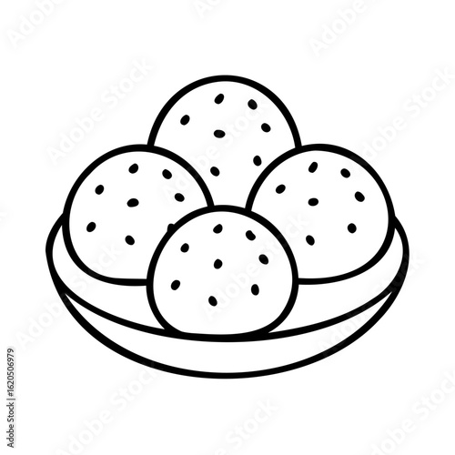 Line art four takoyaki balls in a dish food japanese