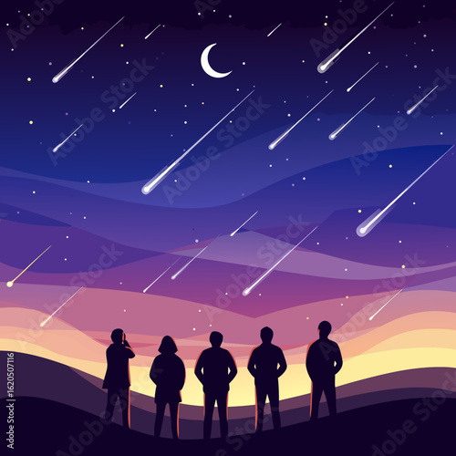 Five green silhouettes watching a vibrant meteor shower and crescent moon in a surreal colorful night sky.