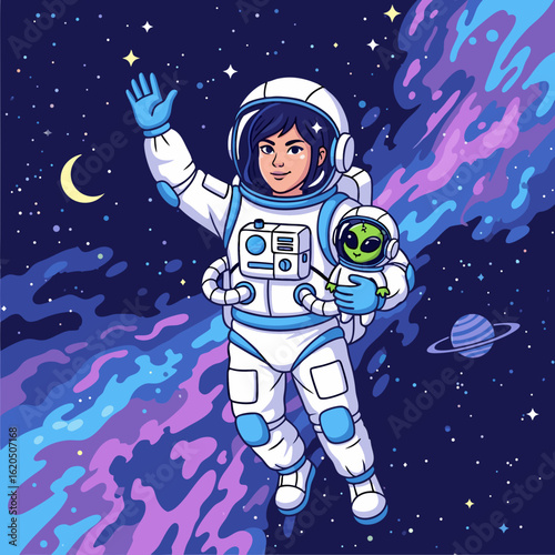 Friendly female astronaut in a white and blue spacesuit waving while holding a small green alien.