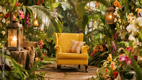 Escape to a lush tropical paradise with a comfy yellow armchair, surrounded by vibrant orchids and glowing lanterns, perfect for relaxation and serene moments in a botanical garden setting