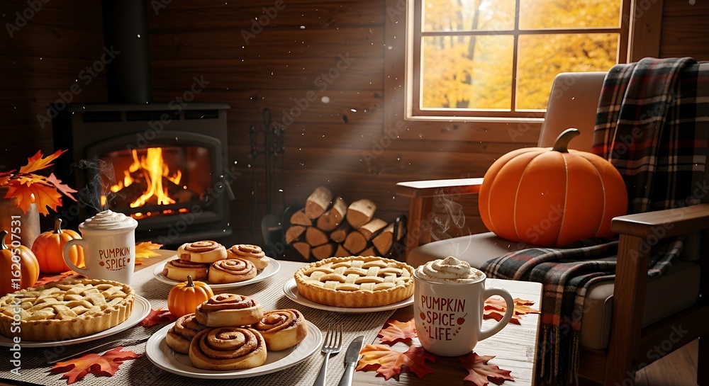 Fototapeta premium A cozy rustic cabin interior with a warm fireplace, a table of autumn pies, cinnamon rolls, and hot drinks.