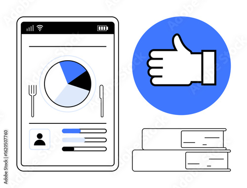 Tablet screen with pie chart and bars for food tracking, thumbs-up icon in blue, and two stacked books. Ideal for healthy habits, education, approval, analytics, diet, lifestyle simple landing page