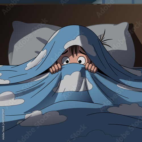 Scared child peeking from under a blue cloudpatterned blanket.