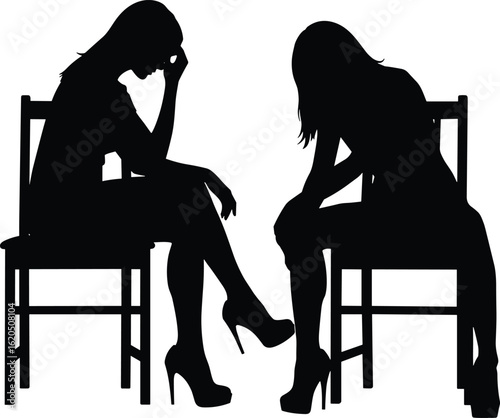 Silhouette women seated on chairs, emotional reflection, deep in thought, high heels, black and white, artistic mood, dramatic shadows, introspection
