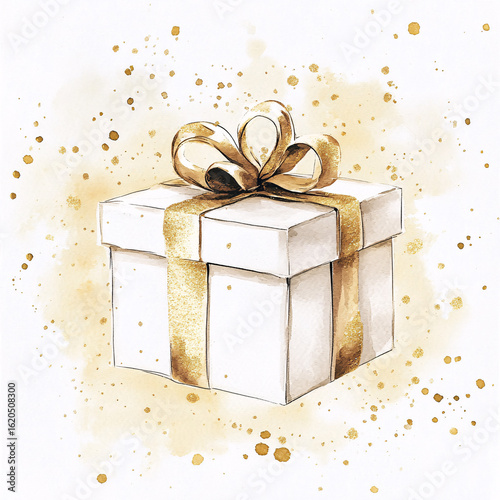 Watercolor Christmas Gift Illustration on White Background with Gold Accents