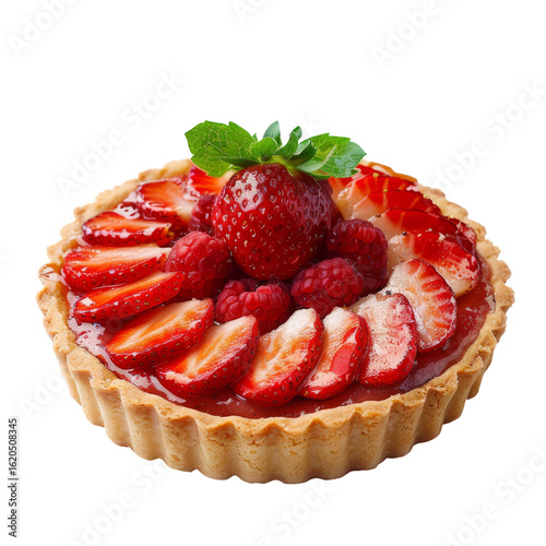 Round, light-tan pastry crust, filled with a glossy red-pink fruit glaze and topped with sliced strawberries and raspberries. Fresh mint leaves garnish the center