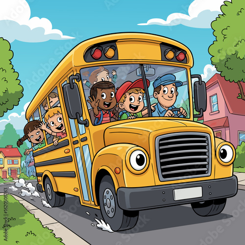 Vibrant cartoon school bus with anthropomorphic eyes filled with happy diverse children waving.
