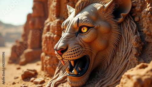 Aggressive lion head sculpture with orange eyes carved into sandy desert wall