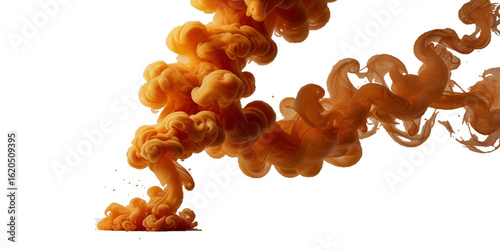 Beautiful orange smoke plume isolated on transparent background. bright orange paint color powder festival background, Colorful drop paint swirl isolated on transparent background	