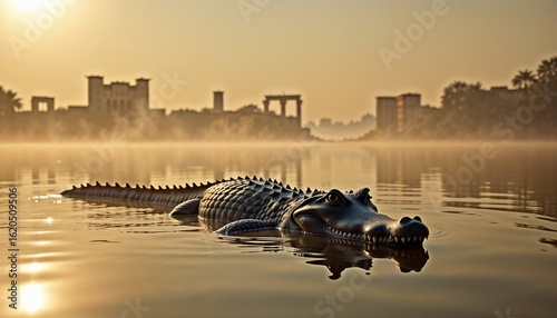 Plastic-textured alligator submerged in calm water at sunrise with hazy cityscape