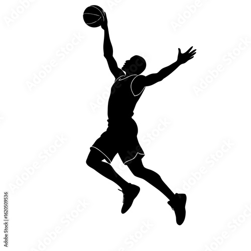 Basketball player slam dunk silhouette black