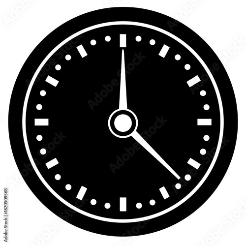 Black analog clock face with white markings time