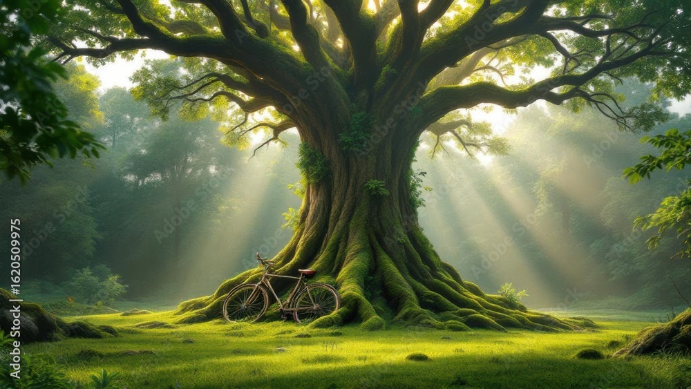 Fototapeta premium Earth Tree and Moss Bicycle in a Sunny Forest Meadow