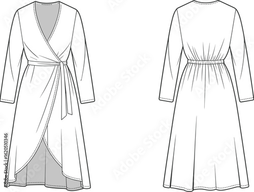 Women's wrap dress fashion sketch, technical flat design illustration, long sleeve midi dress, cad front and back view