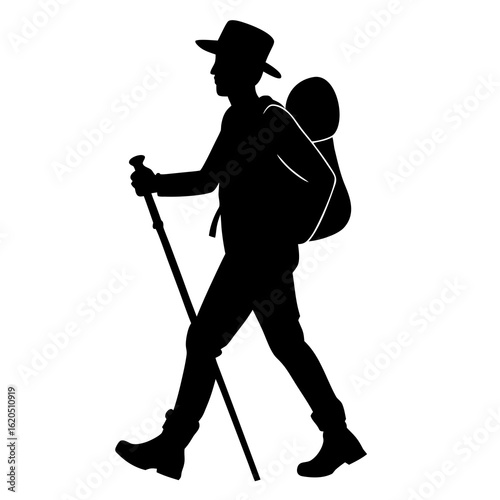 Black silhouette of a hiker with backpack and walking stick