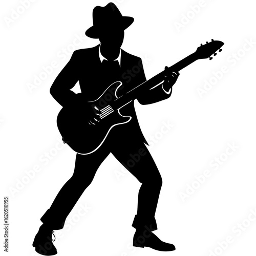 Black silhouette of a man playing guitar player