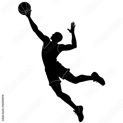 Black silhouette of basketball player mid-air white