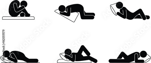 Silhouette icon set of different sleeping positions, people in bed, relaxing poses, sleep posture concept, isolated vector illustration