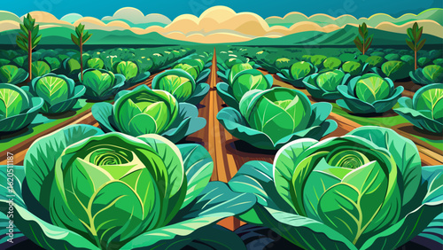 Each vibrant green cabbage growing in neat rows captures nature’s pattern and life. Semi-realistic style brings freshness, lush color, and farming harmony to this peaceful cultivated vegetable garden.